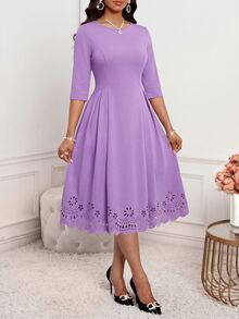 SHEIN Lady 女士纯色圆领优雅收腰中长派对连衣裙 - 紫色 - 查看 3