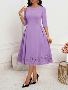 SHEIN Lady 女士纯色圆领优雅收腰中长派对连衣裙 - 紫色 - 查看 6