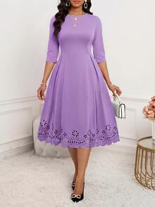 SHEIN Lady 女士纯色圆领优雅收腰中长派对连衣裙 - 紫色 - 查看 7