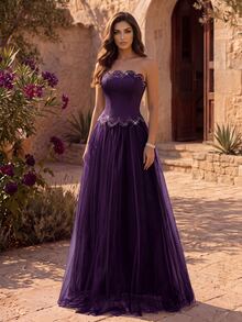 Coutiva Women's Strapless Rhinestone Embellished Front Panel With Mesh Spliced Long Ball Gown (Heavy Workmanship Style) - Purple - View 3
