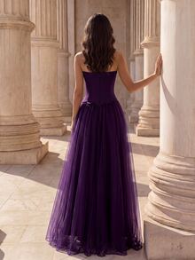 Coutiva Women's Strapless Rhinestone Embellished Front Panel With Mesh Spliced Long Ball Gown (Heavy Workmanship Style) - Purple - View 2