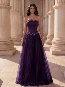 Coutiva Women's Strapless Rhinestone Embellished Front Panel With Mesh Spliced Long Ball Gown (Heavy Workmanship Style) - Purple - View 1