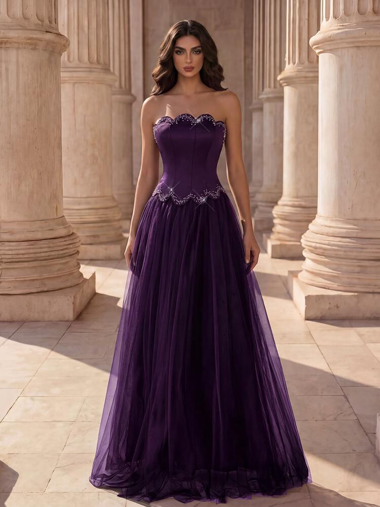 Coutiva Women's Strapless Rhinestone Embellished Front Panel With Mesh Spliced Long Ball Gown (Heavy Workmanship Style) - Purple - View 5