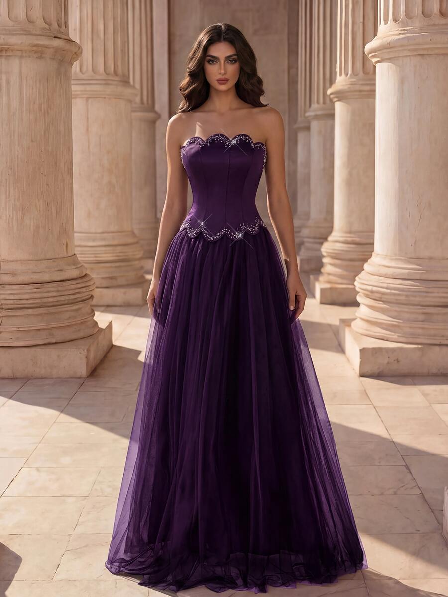 Coutiva Women's Strapless Rhinestone Embellished Front Panel With Mesh Spliced Long Ball Gown (Heavy Workmanship Style) - Purple - View 1