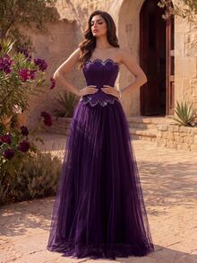 Coutiva Women's Strapless Rhinestone Embellished Front Panel With Mesh Spliced Long Ball Gown (Heavy Workmanship Style) - Purple - View 4