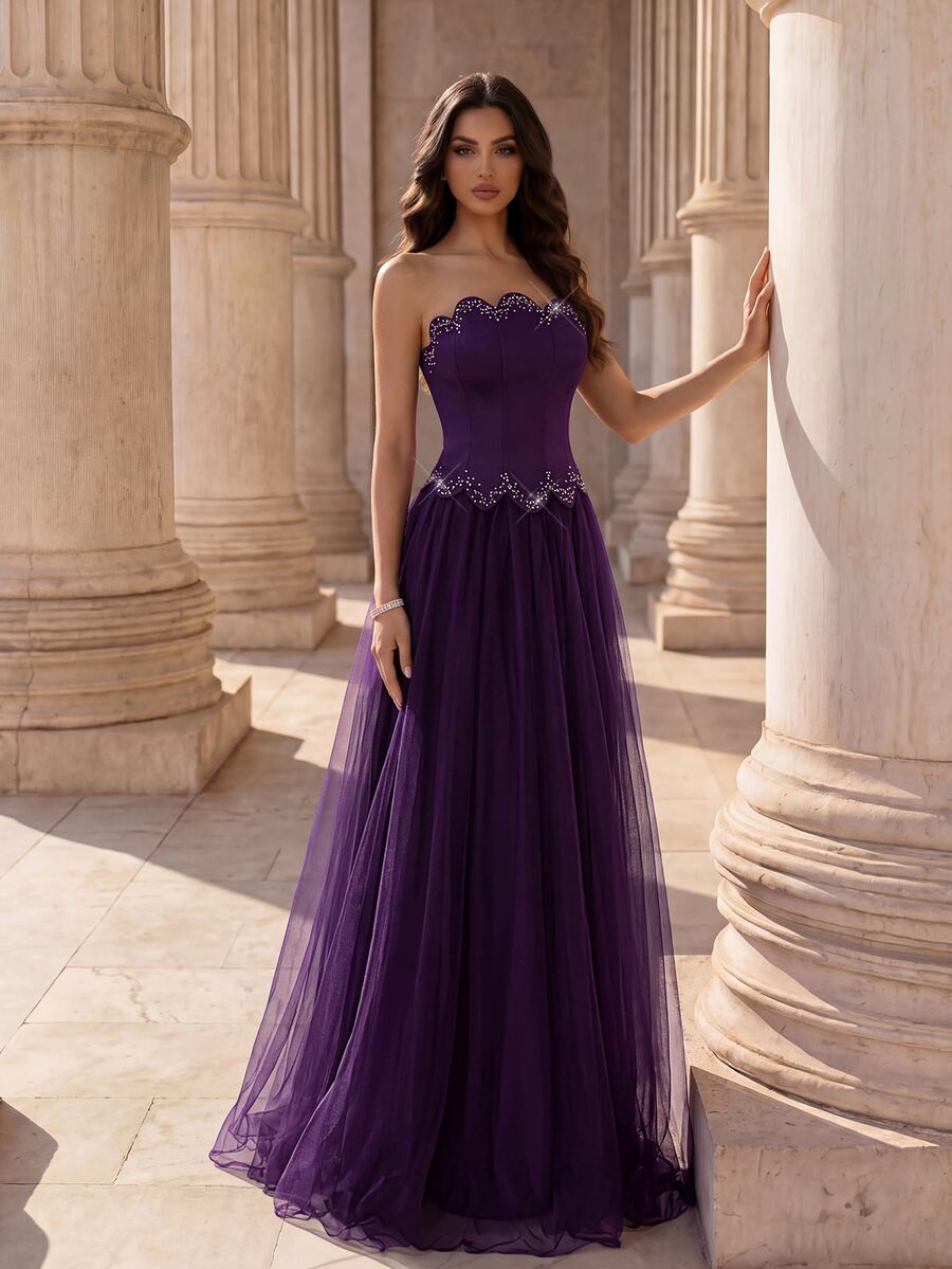 Coutiva Vestido de gala largo para mujer sin tirantes con panel frontal adornado con strass y empalme de malla (estilo de mano de obra pesada) - Morado - Ver 1
