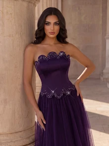 Coutiva Women's Strapless Rhinestone Embellished Front Panel With Mesh Spliced Long Ball Gown (Heavy Workmanship Style) - Purple - View 6
