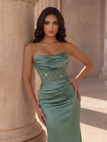 Coutiva Women's Rhinestone Embellished Front Hem Split Formal Evening Gown (Heavy Workmanship Style) - Mint Green - View 4