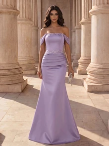 Coutiva Women's Tube Front Beaded + Rhinestone Embellished Bustier Formal Evening Gown (Heavy Craftsmanship Style) - Purple - View 3