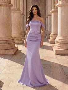 Coutiva Women's Tube Front Beaded + Rhinestone Embellished Bustier Formal Evening Gown (Heavy Craftsmanship Style) - Purple - View 1