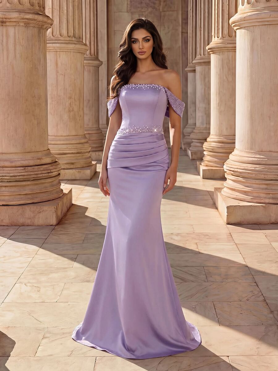 Coutiva Women's Tube Front Beaded + Rhinestone Embellished Bustier Formal Evening Gown (Heavy Craftsmanship Style) - Purple - View 1