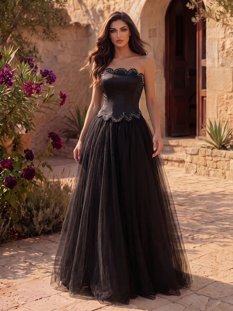 Coutiva Gaun Maxi Hitam Tanpa Tali Berhiaskan Rhinestone untuk Wanita, Gaun Pesta Korset Bustier Patchwork Jala Bordir Tebal, Gaun Malam Formal Elegan - Hitam - View 4