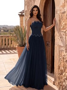 Coutiva Women's Rhinestone Embellished Mesh Patchwork Maxi Formal Gown (Heavy Embroidery) - Navy Blue - View 5
