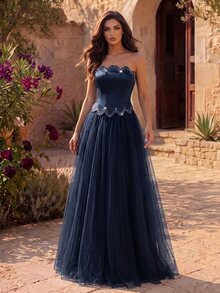 Coutiva Women's Rhinestone Embellished Mesh Patchwork Maxi Formal Gown (Heavy Embroidery) - Navy Blue - View 3