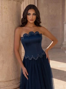 Coutiva Women's Rhinestone Embellished Mesh Patchwork Maxi Formal Gown (Heavy Embroidery) - Navy Blue - View 4