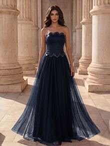 Coutiva Women's Rhinestone Embellished Mesh Patchwork Maxi Formal Gown (Heavy Embroidery) - Navy Blue - View 1