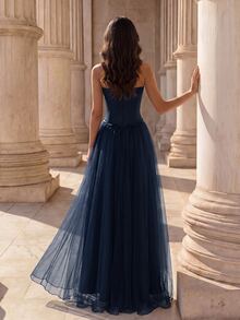 Coutiva Women's Rhinestone Embellished Mesh Patchwork Maxi Formal Gown (Heavy Embroidery) - Navy Blue - View 2
