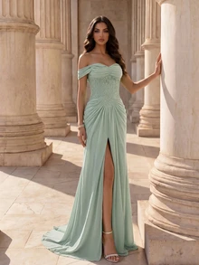 Coutiva Women's Contrast Lace One-Shoulder Side Slit Hem Elegant Evening Gown - Mint Green - View 7