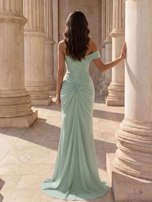 Coutiva Women's Contrast Lace One-Shoulder Side Slit Hem Elegant Evening Gown - Mint Green - View 3