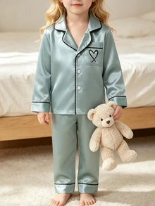 SHEIN Playful Pals 女童純色緞面極簡口袋愛心印花長袖開襟外套套褲休閒家居服 秋季/秋冬驚喜盲盒 - 彩色 - 查看 5