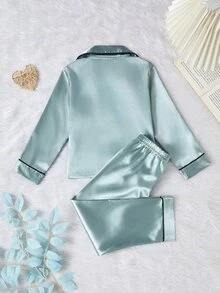 SHEIN Playful Pals 女童純色緞面極簡口袋愛心印花長袖開襟外套套褲休閒家居服 秋季/秋冬驚喜盲盒 - 彩色 - 查看 3