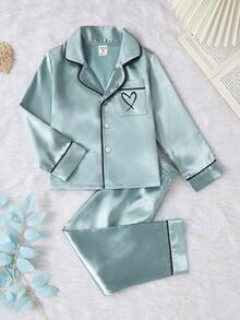 SHEIN Playful Pals 女童純色緞面極簡口袋愛心印花長袖開襟外套套褲休閒家居服 秋季/秋冬驚喜盲盒 - 彩色 - 查看 6
