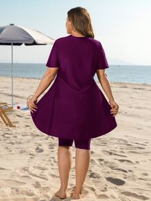 Swim Mulvari 大尺碼女款 2 件式寬鬆中長版收腹顯瘦保守防曬度假布基尼泳衣套裝，海灘度假夏季珍珠款 - 紫羅蘭色 - 查看 2