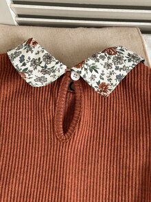Souflis 少女休閒花卉假兩件式彼得潘領上衣與喇叭褲羅紋針織兩件套 - 棕色 - 查看 9