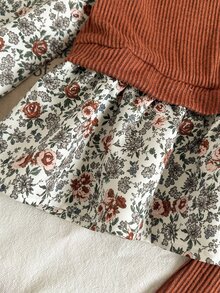 Souflis 少女休閒花卉假兩件式彼得潘領上衣與喇叭褲羅紋針織兩件套 - 棕色 - 查看 6