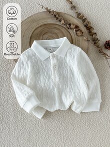SHEIN Playful Pals 1件男嬰米白色針織提花柔軟面料長袖鈕扣POLO衫，休閒極簡韓風時尚領 Polo 襯衫，適合春秋日常穿著、上學、購物、旅行、度假等場合 - 白色 - 查看 4