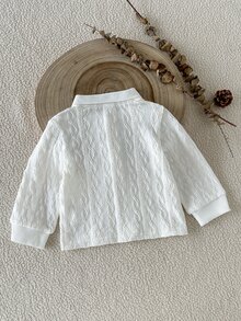 SHEIN Playful Pals 1件男嬰米白色針織提花柔軟面料長袖鈕扣POLO衫，休閒極簡韓風時尚領 Polo 襯衫，適合春秋日常穿著、上學、購物、旅行、度假等場合 - 白色 - 查看 2