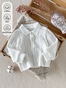 SHEIN Playful Pals 1件男嬰米白色針織提花柔軟面料長袖鈕扣POLO衫，休閒極簡韓風時尚領 Polo 襯衫，適合春秋日常穿著、上學、購物、旅行、度假等場合 - 白色 - 查看 5