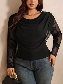 Elaquor 大尺碼女款純色抓皺拼接植絨網紗長袖T恤 休閒優雅蕾絲女款T恤 秋冬優雅派對T恤 - 黑色 - 查看 5
