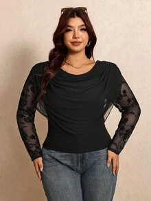 Elaquor 大尺碼女款純色抓皺拼接植絨網紗長袖T恤 休閒優雅蕾絲女款T恤 秋冬優雅派對T恤 - 黑色 - 查看 4