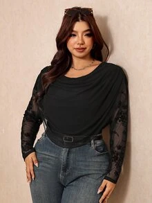 Elaquor 大尺碼女款純色抓皺拼接植絨網紗長袖T恤 休閒優雅蕾絲女款T恤 秋冬優雅派對T恤 - 黑色 - 查看 6
