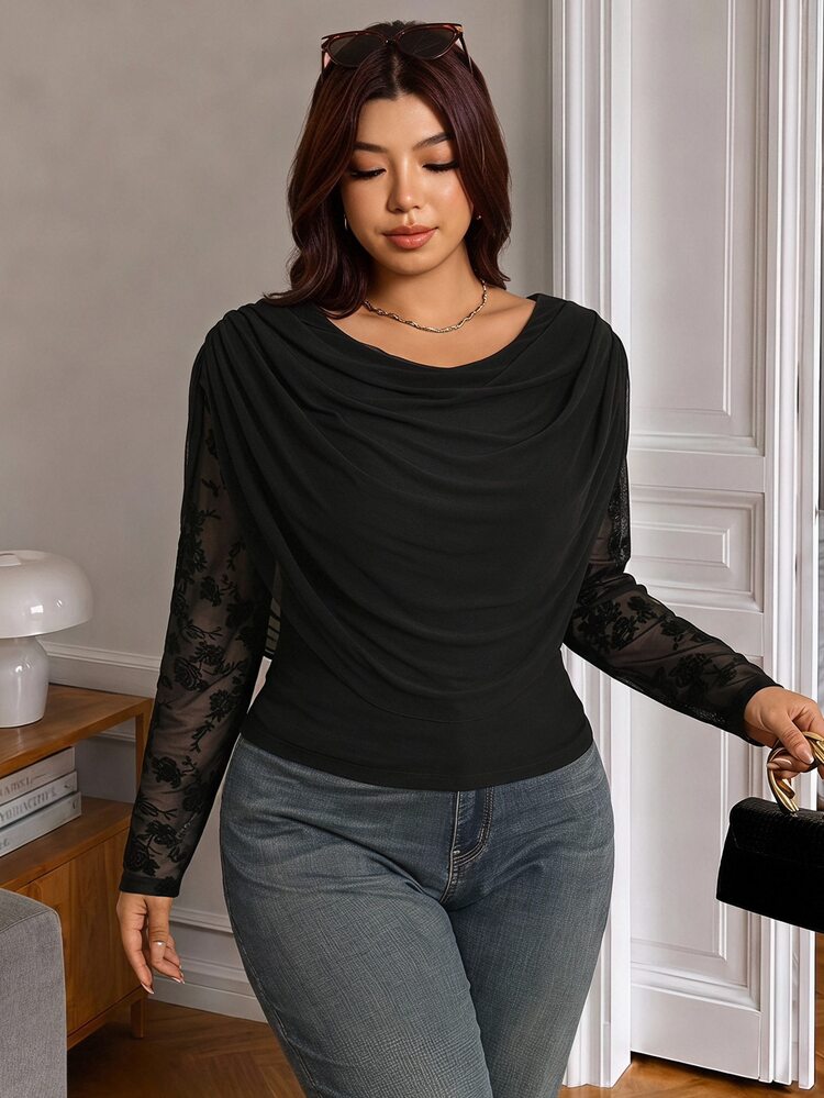 Elaquor Plus Size Women Solid Color Ruched Patchwork Flocked Mesh Long Sleeve T-Shirt Casual Elegant Lace T-Shirt For Women Fall/Winter Elegant Party T-Shirt - Black - View 7