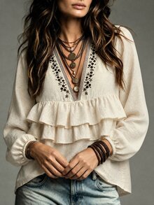 LUMIGAL Women's Beige Deep V-Neck Long Sleeve Multi-Layer Ruffle Hem Fashion Blouse Vacation Autumn Retro Vintage 70s Bohemian - Apricot - View 4