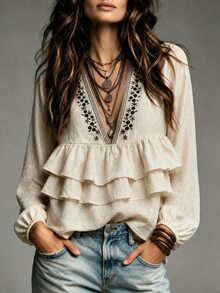 LUMIGAL Women's Beige Deep V-Neck Long Sleeve Multi-Layer Ruffle Hem Fashion Blouse Vacation Autumn Retro Vintage 70s Bohemian - Apricot - View 1