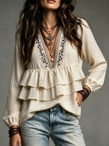 LUMIGAL Women's Beige Deep V-Neck Long Sleeve Multi-Layer Ruffle Hem Fashion Blouse Vacation Autumn Retro Vintage 70s Bohemian - Apricot - View 3