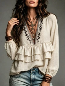 LUMIGAL Women's Beige Deep V-Neck Long Sleeve Multi-Layer Ruffle Hem Fashion Blouse Vacation Autumn Retro Vintage 70s Bohemian - Apricot - View 5