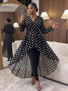 SHEIN Lady CURVE 大尺碼女款波點印花長袖高領下擺襯衫，黑色，秋季婚禮賓客派對穿搭，1950年代復古風 70年代風 - 黑與白 - 查看 1
