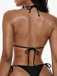 Swim Basics Summer Beach Halter Triangle Tie Side Bikini Set - Black - View 2