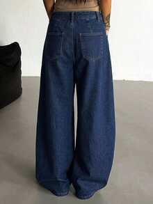 DAZY High Waist Button Loose Straight Leg Dark Blue Washed Solid Color Wide Leg Women's Jeans Fall - Dark Wash - View 2