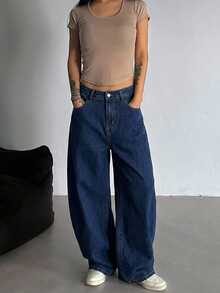 DAZY High Waist Button Loose Straight Leg Dark Blue Washed Solid Color Wide Leg Women's Jeans Fall - Dark Wash - View 3
