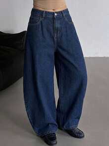 DAZY High Waist Button Loose Straight Leg Dark Blue Washed Solid Color Wide Leg Women's Jeans Fall - Dark Wash - View 6