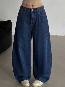 DAZY High Waist Button Loose Straight Leg Dark Blue Washed Solid Color Wide Leg Women's Jeans Fall - Dark Wash - View 5
