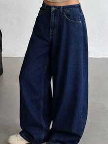 DAZY High Waist Button Loose Straight Leg Dark Blue Washed Solid Color Wide Leg Women's Jeans Fall - Dark Wash - View 1