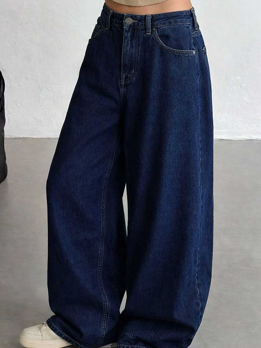 DAZY High Waist Button Loose Straight Leg Dark Blue Washed Solid Color Wide Leg Women's Jeans Fall - Dark Wash - View 1