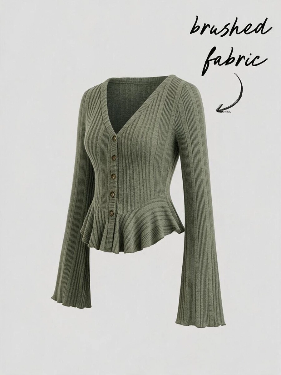 SHEIN LUNE Women's Elegant Casual 2000s New Solid Color V-Neck Button Ruffle Trim Rib Knit Stretchy T-Shirt,Autumn Everyday Olive Green - Brown - View 1