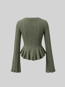 SHEIN LUNE Women's Elegant Casual 2000s New Solid Color V-Neck Button Ruffle Trim Rib Knit Stretchy T-Shirt,Autumn Everyday Olive Green - Brown - View 2